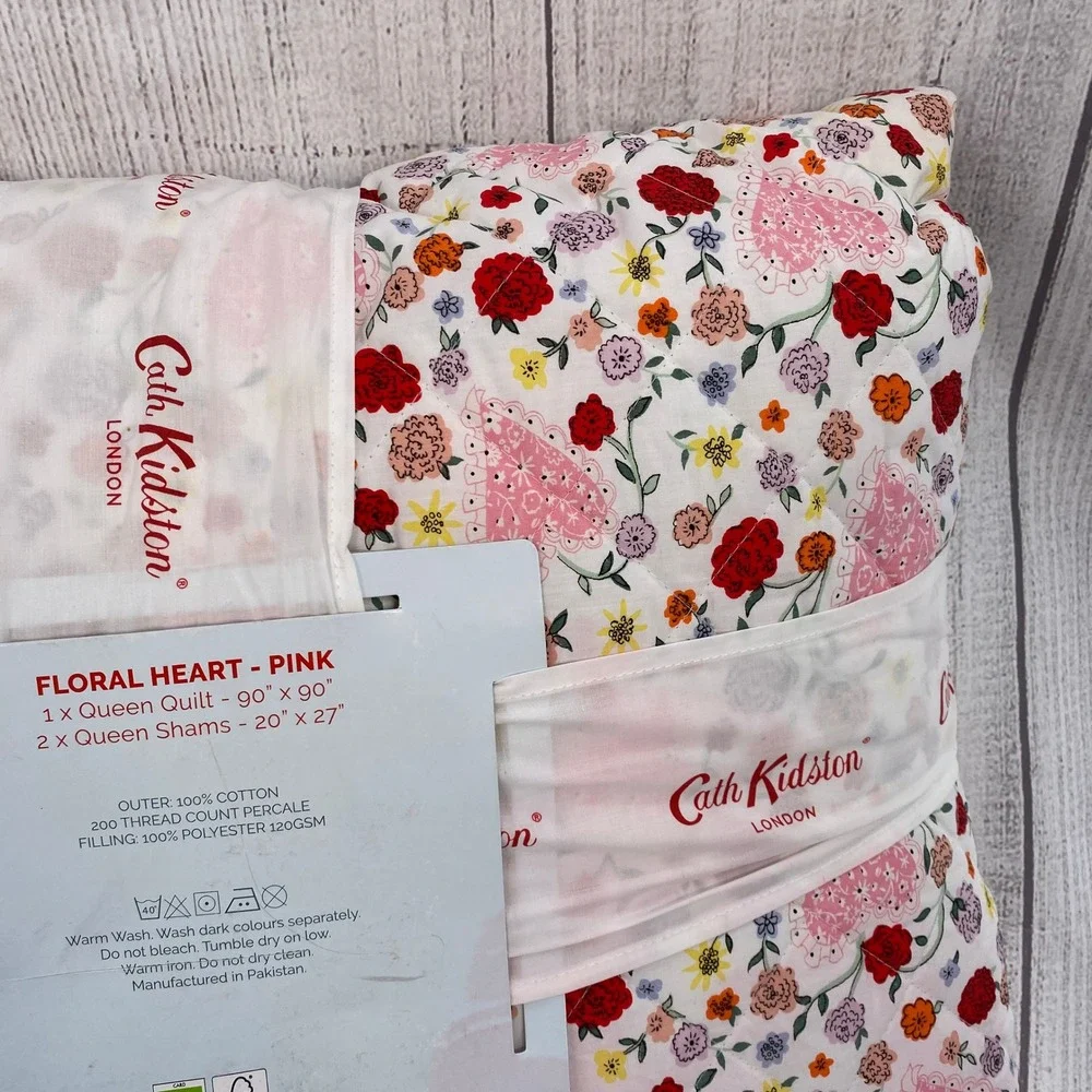 Cath Kidston Floral Heart Quilt Set Queen Pink Cotton Shabby Chic Cottagecore